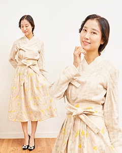 수아 베이지 면 접는소매 긴팔저고리 생활한복