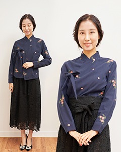 다섯꽃잎자수 네이비 면 긴팔저고리 셔츠 생활한복
